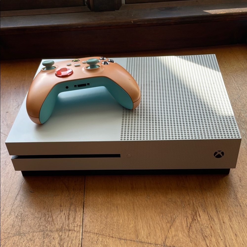 Microsoft Xbox One S White Console with Orange & Teal Controller